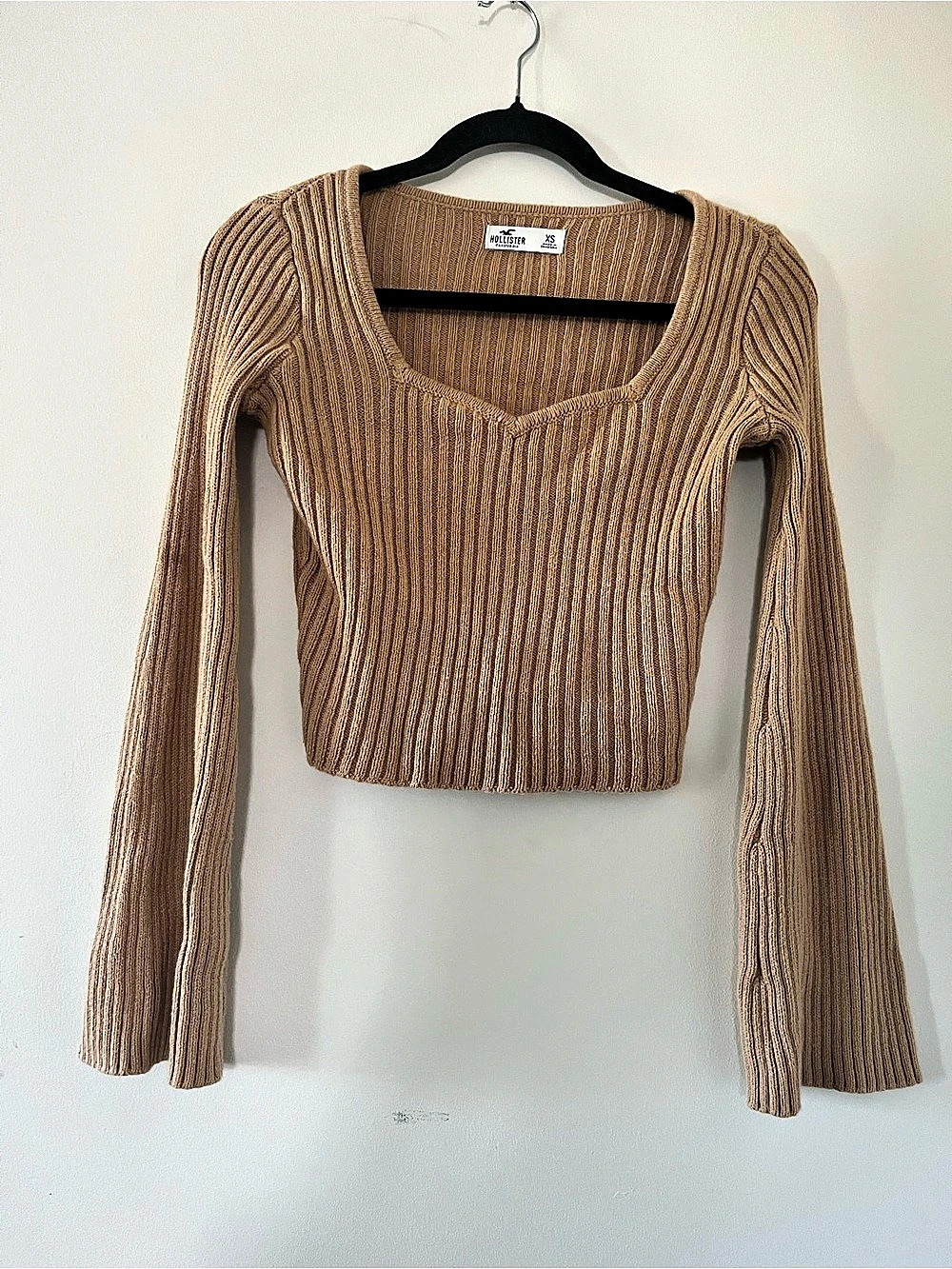 Hollister Tan Brown Ribbed Cropped Sweater Top XS Flare Sleeve Neutral Rustic